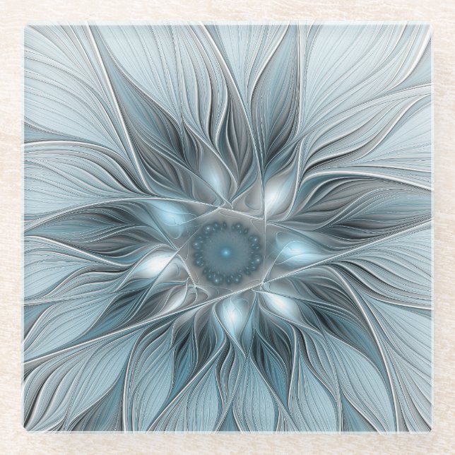 Dessous-de-verre En Verre Fleur Joyeuse Abstrait gris bleu floral Fractal (Devant)