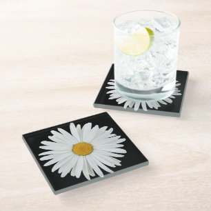 Dessous-de-verre En Verre Fleur marguerite blanche sur Floral noir