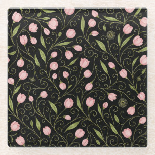 Dessous-de-verre En Verre Fleur mignonne, rose sur noir avec motif répétitif