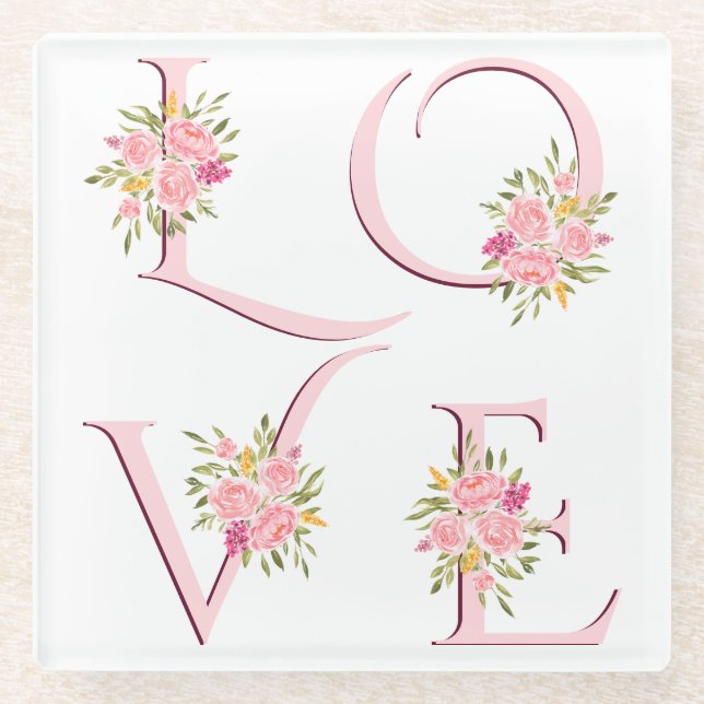 Dessous-de-verre En Verre Fleur rose vif Love typographie Valentines Day (Devant)