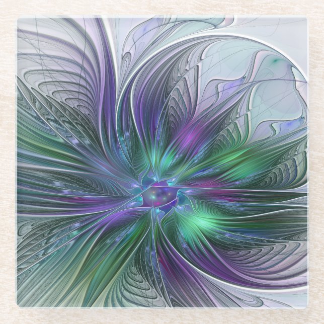 Dessous-de-verre En Verre Fleur vert violet Art Abstrait moderne Fractal (Devant)