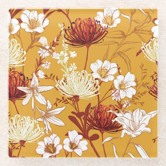 Dessous-de-verre En Verre Fleuron Rétro : Art de la ligne florale inachevé (Devant)