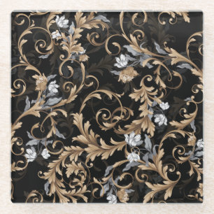 Dessous-de-verre En Verre Fleurs baroques classiques : arrière - plan noir.