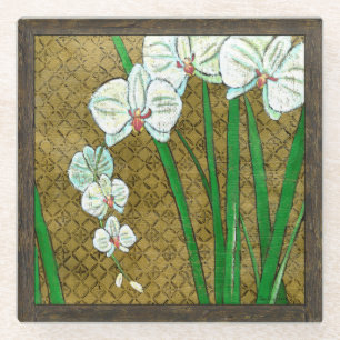 Dessous-de-verre En Verre Fleurs blanches et tiges vertes à la frontière