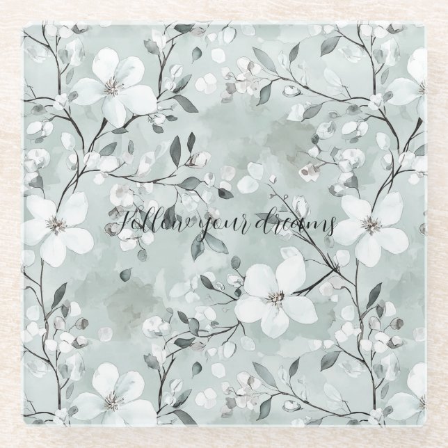 Dessous-de-verre En Verre Fleurs blanches gris chic (Devant)