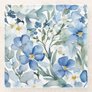 Dessous-de-verre En Verre Fleurs Bleues Blancs Aquarelle Chic