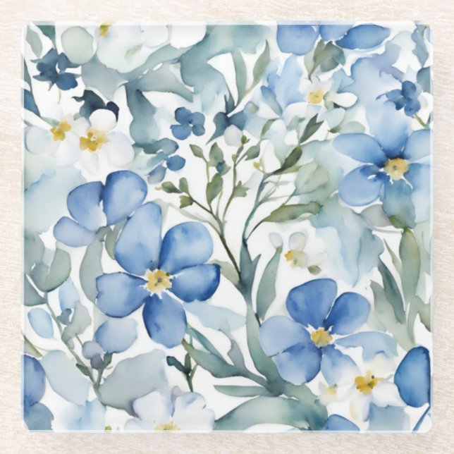Dessous-de-verre En Verre Fleurs Bleues Blancs Aquarelle Chic (Devant)