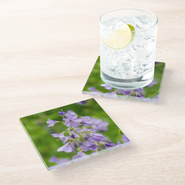 Dessous-de-verre En Verre Fleurs bleues délicates sur un champ vert dans un  (Incliné)