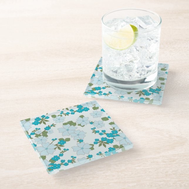 Dessous-de-verre En Verre Fleurs Bleues, Motif Floral, Motif De Fleurs (Incliné)