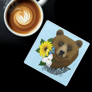 Dessous-de-verre En Verre Fleurs Bleues Ours Brown Plumes