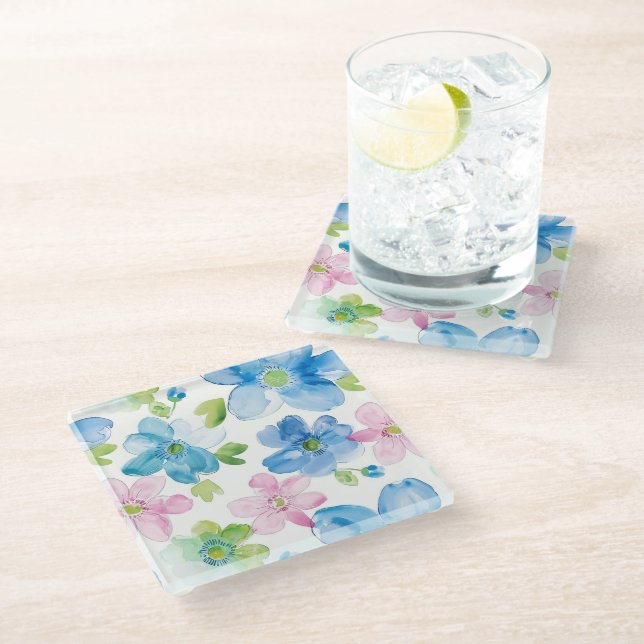 Dessous-de-verre En Verre Fleurs Bleues Roses Chic (Incliné)