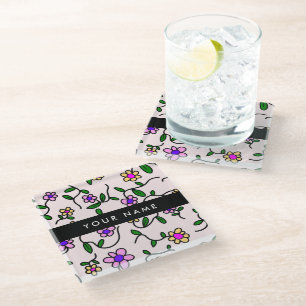 Dessous-de-verre En Verre Fleurs Colorées, Fond Rose, Noir