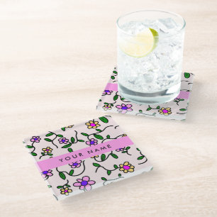 Dessous-de-verre En Verre Fleurs Colorées, Fond Rose, Rose