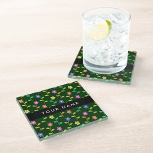 Dessous-de-verre En Verre Fleurs Colorées, Fond Vert, Noir