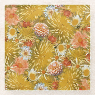 Dessous-de-verre En Verre Fleurs dahlia dorées, design vintage fleuri.