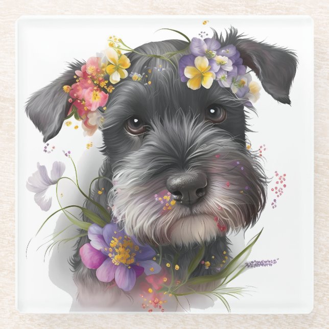 Dessous-de-verre En Verre Fleurs d'aquarelle et chiot Schnauzer (Devant)