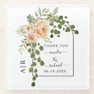 Dessous-de-verre En Verre Fleurs de corail, arche et monogramme mariage