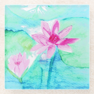 Dessous-de-verre En Verre Fleurs de lotus rose pastel aquarelle