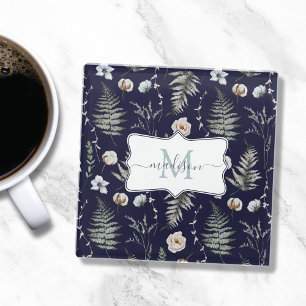 Dessous-de-verre En Verre Fleurs de monogramme et feuilles de fougère botani