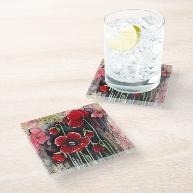 Dessous-de-verre En Verre Fleurs De Pavot En Aquarelle (Incliné)