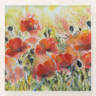 Dessous-de-verre En Verre Fleurs de pavot rouge, aquarelle douce.