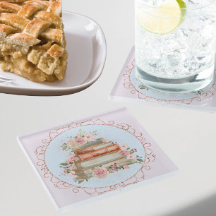 Dessous-de-verre En Verre Fleurs de roses roses vintage aquarelle et livres 