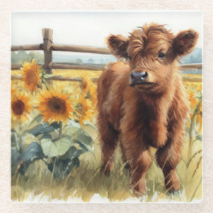 Dessous-de-verre En Verre Fleurs de soleil d'aquarelle et veau des Highlands