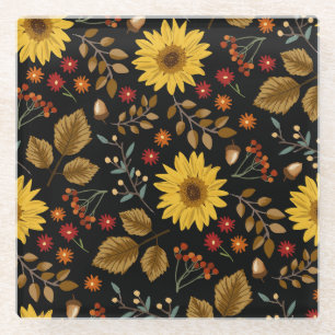 Dessous-de-verre En Verre Fleurs de soleil d'automne : Arrière - plan noir d