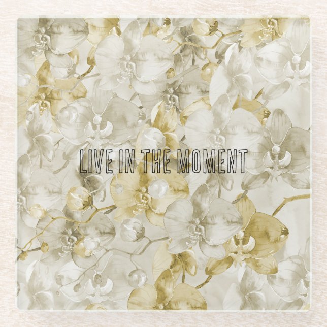 Dessous-de-verre En Verre Fleurs d'orchidées à la crème d'or (Devant)