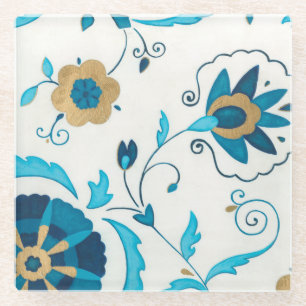 Dessous-de-verre En Verre Fleurs dorées d'indigo avec l'arrière - plan blanc