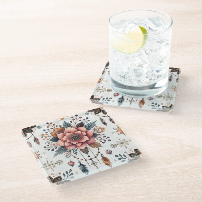 Dessous-de-verre En Verre Fleurs et Plumes (Incliné)