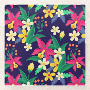 Dessous-de-verre En Verre Fleurs Exotiques Colorées Motif Feuilles-23021