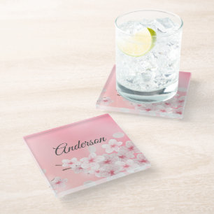 Dessous-de-verre En Verre Fleurs Florales Rose Blanc Cerisier Monogramme