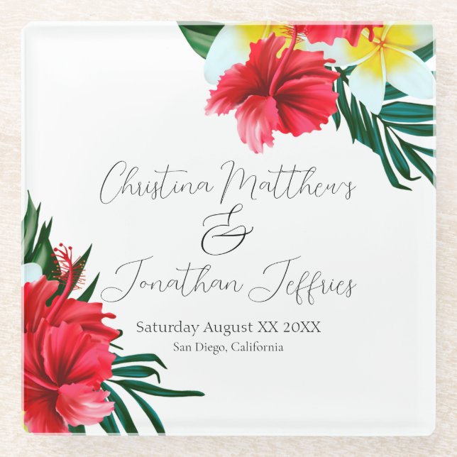 Dessous-de-verre En Verre Fleurs hawaïennes tropicales sur blanc élégant (Devant)