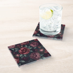 Dessous-de-verre En Verre Fleurs lunatiques Aquarelle Motif Rouge foncé