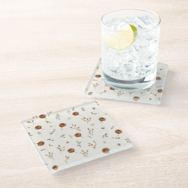Dessous-de-verre En Verre Fleurs Marron Crème (Incliné)