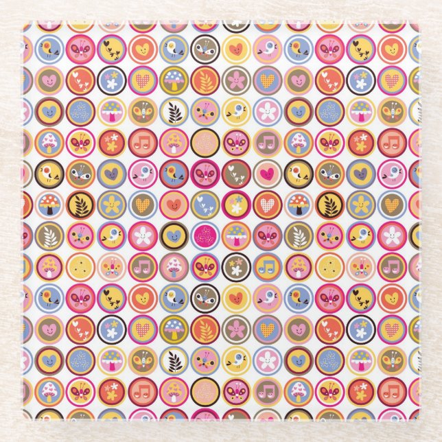 Dessous-de-verre En Verre fleurs mignonnes, oiseaux, motif de coeurs (Devant)