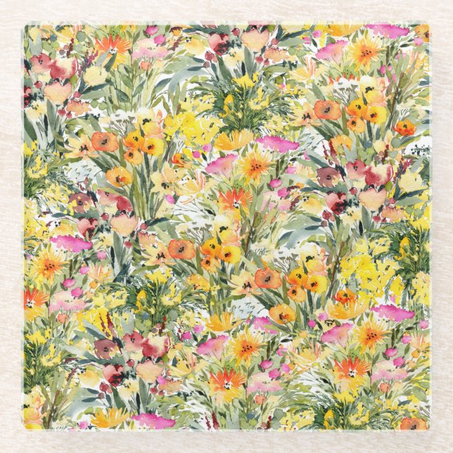 Dessous-de-verre En Verre Fleurs Minuscules Champ : Aquarelle Lumineuse. (Devant)