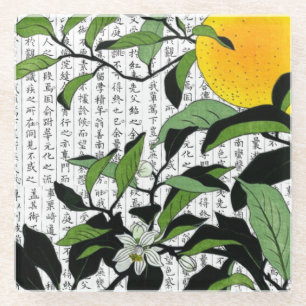 Dessous-de-verre En Verre Fleurs orange asiatiques sur Kanji Arrière - plan