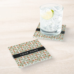 Dessous-de-verre En Verre Fleurs orange, Motif Floral, Boho, Votre Nom