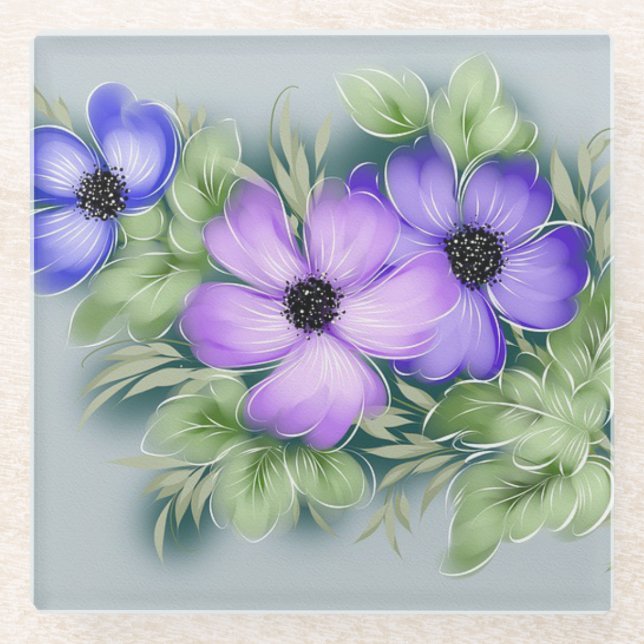 Dessous-de-verre En Verre Fleurs Pastel sur le Pays Retro Gris (Devant)