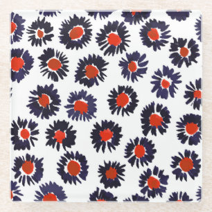 Dessous-de-verre En Verre Fleurs peintes à la main, motif rouge et bleu.