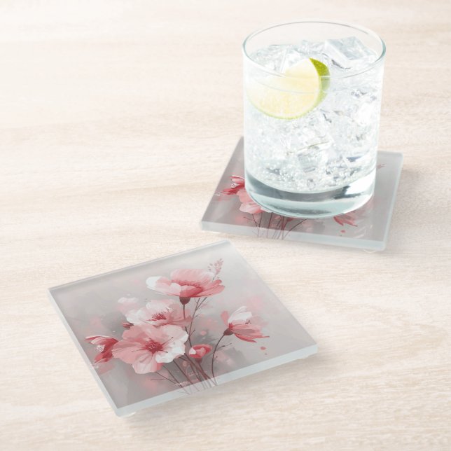 Dessous-de-verre En Verre Fleurs rose, blanc et gris (Incliné)