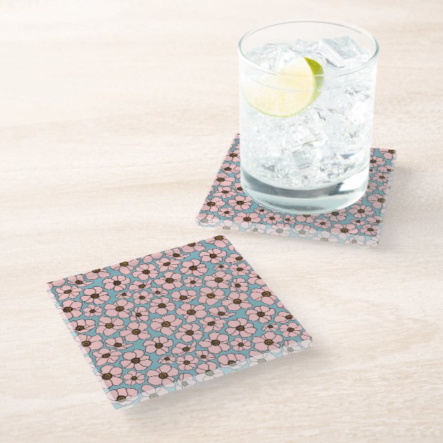 Dessous-de-verre En Verre Fleurs rose et bleue Boho  (Incliné)