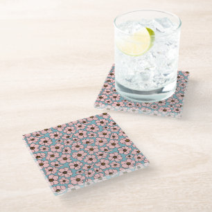 Dessous-de-verre En Verre Fleurs sauvages roses sur fond bleu sarcelle