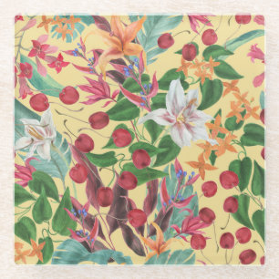Dessous-de-verre En Verre Fleurs tropicales Cerise : Aquarelle Patte transpa