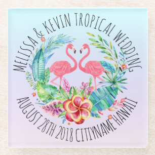 Dessous-de-verre En Verre Fleurs tropicales Serre et Flamants roses roses