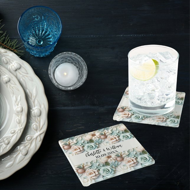 Dessous-de-verre En Verre Fleurs vert poussiéreux noms mariage (Créateur téléchargé)