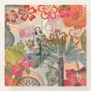 Dessous-de-verre En Verre Fleurs Vintage Hula Coloré Hawaïen Tropical