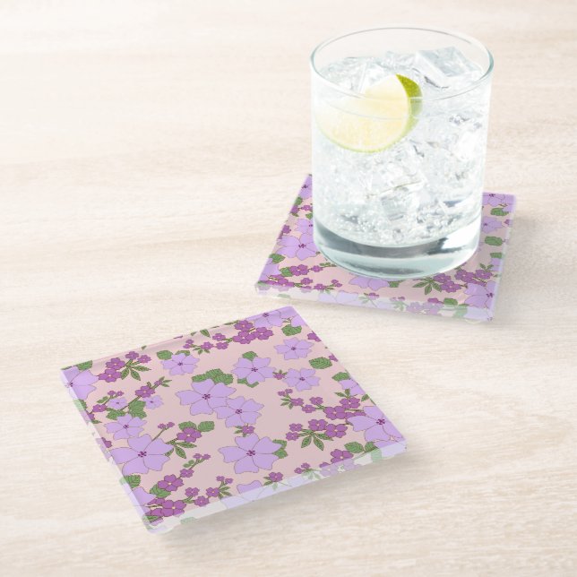 Dessous-de-verre En Verre Fleurs Violettes, Modèle Floral, Motif De Fleurs (Incliné)